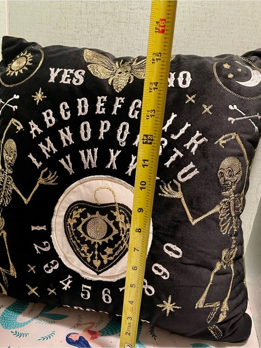 Ouija Planchette Embroidered Velvet Pillow - Black and Gold with Skeletons